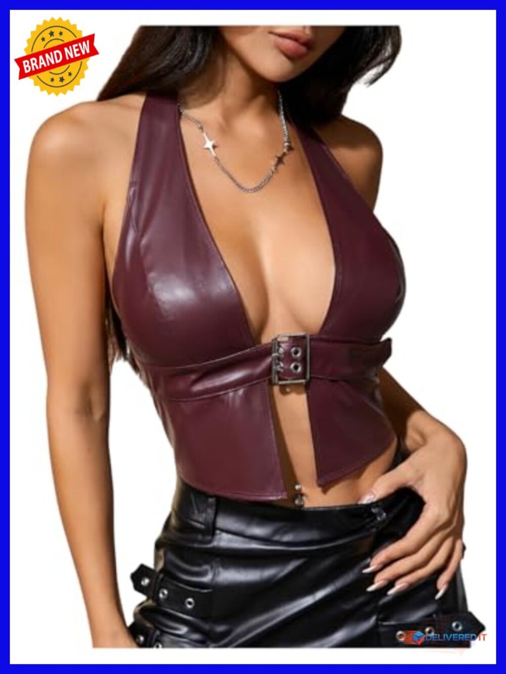 Faux Leather Halter Crop Corset Top Y2K Going Out Party Clubwear